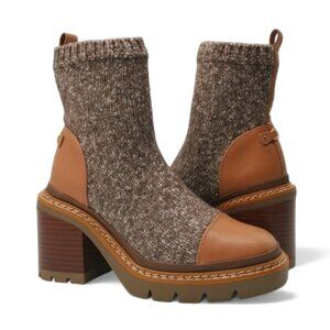 Sam Edelman Rozanna Size 5 M Lux Tan Cloud Knit Pull-On Lug Sole Sweater Booties